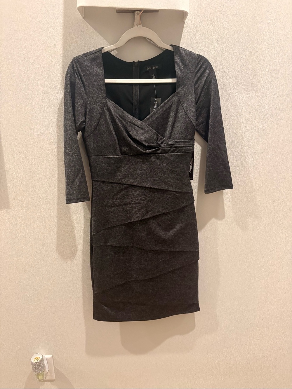 White House Black Market Metallic Charcoal Layered Sheath Dress - 3/4 Sleeve
